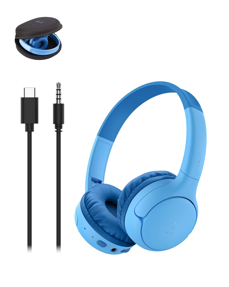 Belkin SoundForm Mini 2 Bluetooth Kids Headphones, On Ear, 55H Battery Life | Toddler headphones with Case, 85dB Volume Limit, Built-in Mic, Wired Connection Option, iPad, Android Tablet, School, Travel Blue