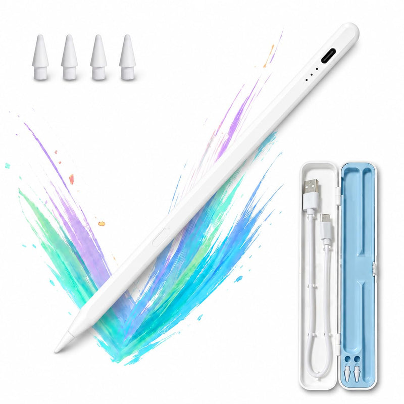 Stylus Pen for iPad with Battery Display & Dual Shortcut Buttons, Palm Rejection, Tilt Sensitivity, Magnetic Attachment, USB-C Fast Charging, Compatible with iPad Pro/Air/Mini 2018-2026 - White