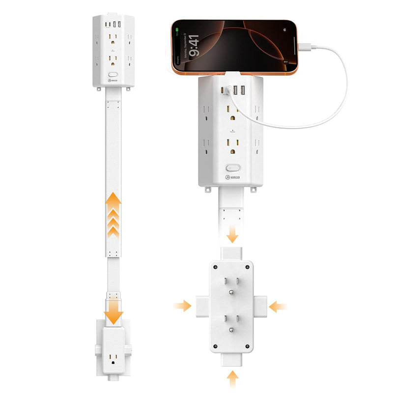 Flat Outlet Extender Stick,6 Widely Outlets,20W USBC,Extendable 11.6"-35.4" | Adjustable Wall Outlet for Behind Couch Bed TV Dresser Desk Dorm,3 Side Plug Outlet&Phone Ledge,Sag-Free 4 Way Fixed