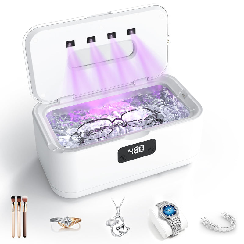 Ultrasonic Jewelry Cleaner, 50Khz Jewelry Cleaner Ultrasonic Machine for Jewelry, Eyeglasses, Rings, Watch Strap, Dentures, 24oz - 304 Stainless Steel Tank, Digital Timer, 5 Cleaning Modes White