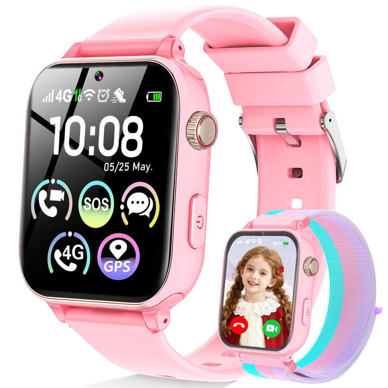 4G Kids Smart Watch for Boys Girls with GPS Tracker, SOS, Two Way Call Video Calling Voice Chat,School Mode, Alarm Clock,Safe Zones,Pedometer,Stopwatch,Games Children Smartwatch for 4-12 (4G Pink) 4G Pink