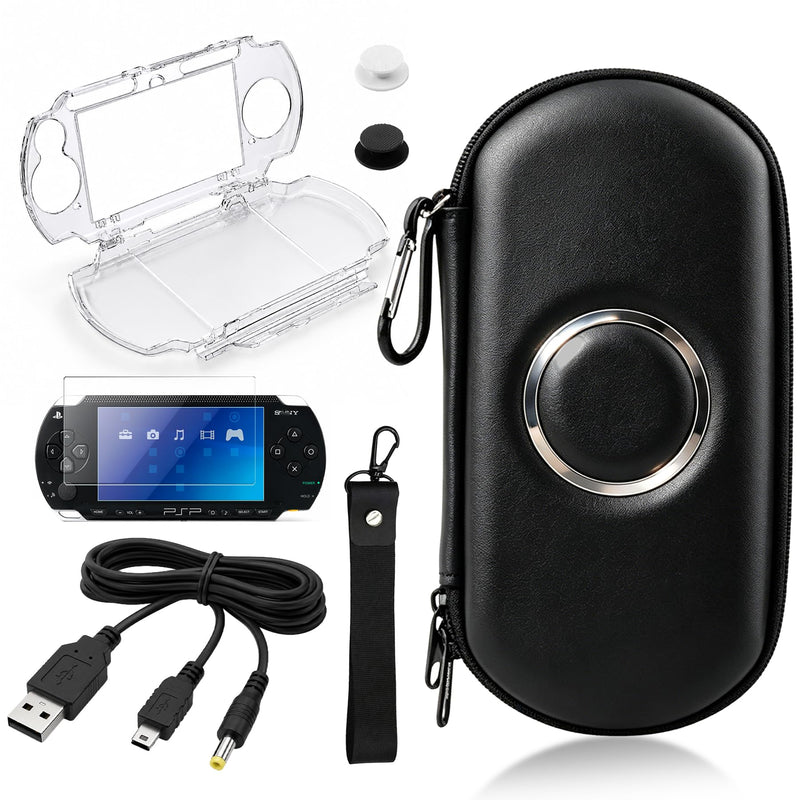 7-in-1 Accessories Kit for PlayStation Portable 2000/3000-Black Carrying Case with Screen Protector, crystal protective cover ,2 joystick caps, charging Cable & wristband hanging rope