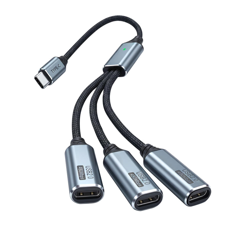 Poyiccot USB C Splitter 1 in 3 Out, Multi USB C Splitter Y Cable, Type C Male to 3 Female Nylon Braided Power Charging and Data Transfer Cable for PC, Laptop, Mac, Flash Drive, Keyboard, Mouse, 25cm