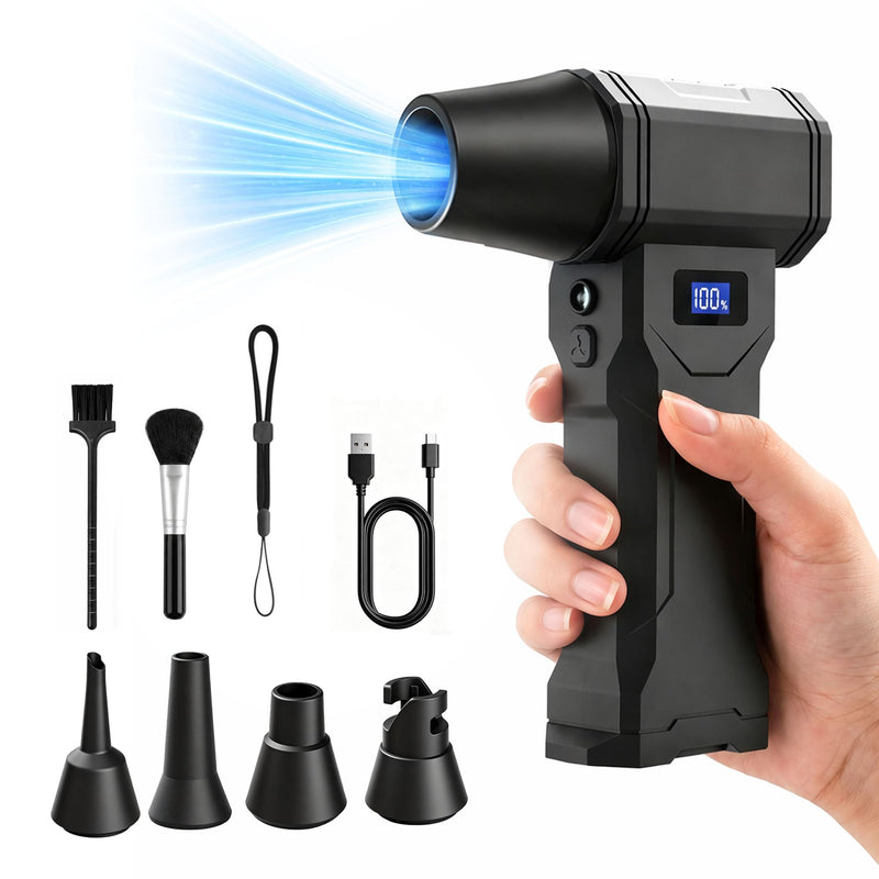 Compressed Air Duster, 130,000 RPM Electric Air Duster with Brushless Motor, 4-Speed Rechargeable Cordless Blower, Digital Display, LED Light and 5 Nozzles for Computer, Keyboard and Car