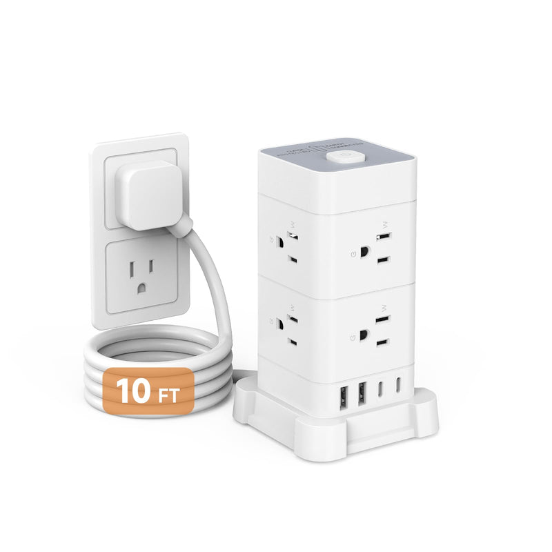 Power Strip Tower with 8 AC Outlets 4 USB Ports (2 USB-C), Surge Protection 3M Extension Cord Flat Plugs Charging Tower for Home Office Desk, White