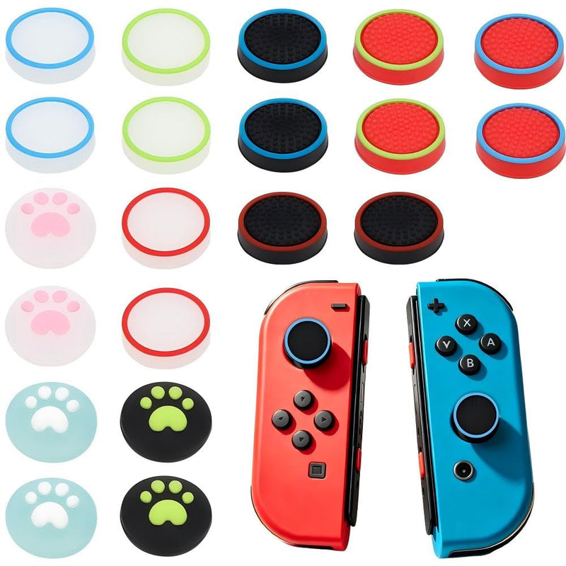 20PCS Switch Joystick Caps Bundle, Skin-Like Buttery Soft Ergonomic Odorless Silicone Thumb Grips, Anti-Slip Sweatproof Glow&Cat Paw Analog Stick Covers for Switch/OLED/Lite/NS