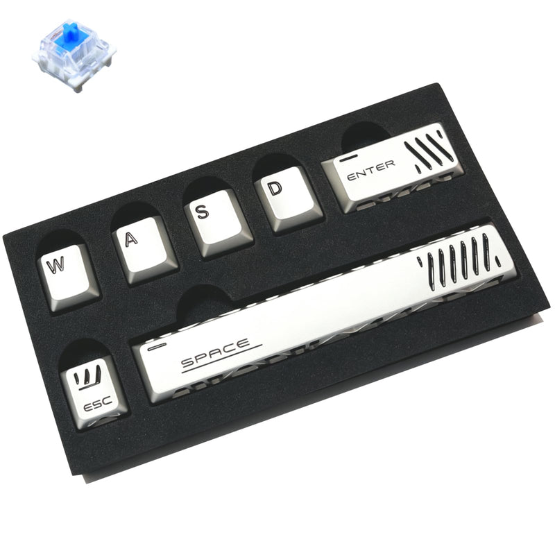 Aluminum CNC Machined Metal Keycaps Set of 7 for Mechanical Keyboard,Silver | Geometric Hollow-Out Design, Cherry Profile, MX Switch Compatible – for Gaming, Office, Typing (WASD+ESC+Enter+Space)