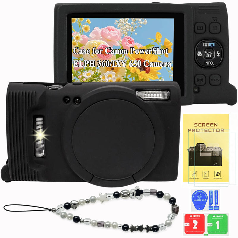 Case for Canon PowerShot ELPH 360/IXY 650 with 2 Screen Protector and 1 Charm Wrist Strap Accessories, Soft Silicone Digital Camera Protector Case with Lens Cover (Black) Black
