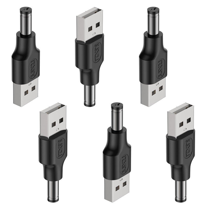 DC 5.5x2.1mm Male to USB-A Male Adapter, 6-Pack | For standard 5V electronics desktop setups, mini routers, small DIY projects, compatible USB hardware connections Black Dc male to Usb male