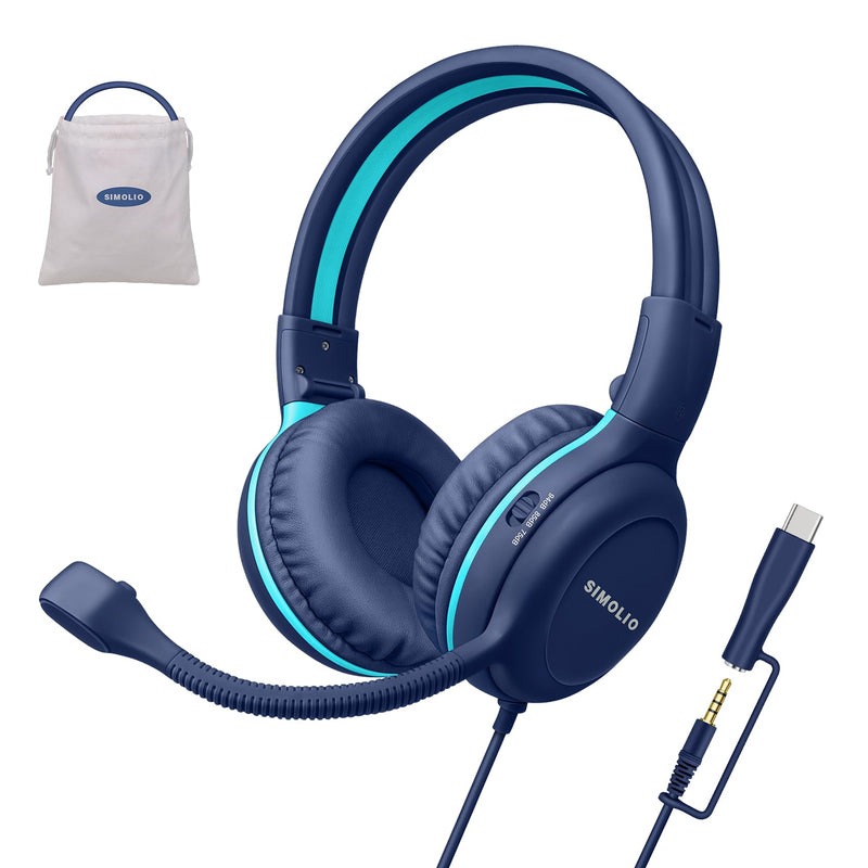 SIMOLIO-USB-C-Wired-Headphone for-School with Boom-Microphone & Mute Button | Portable Over-Ear Kids Gaming Headsets with 3 Level Safe Volume,Bag for Students K12,Boys,Travel,iPad,Galaxy,iPhone,Tablet