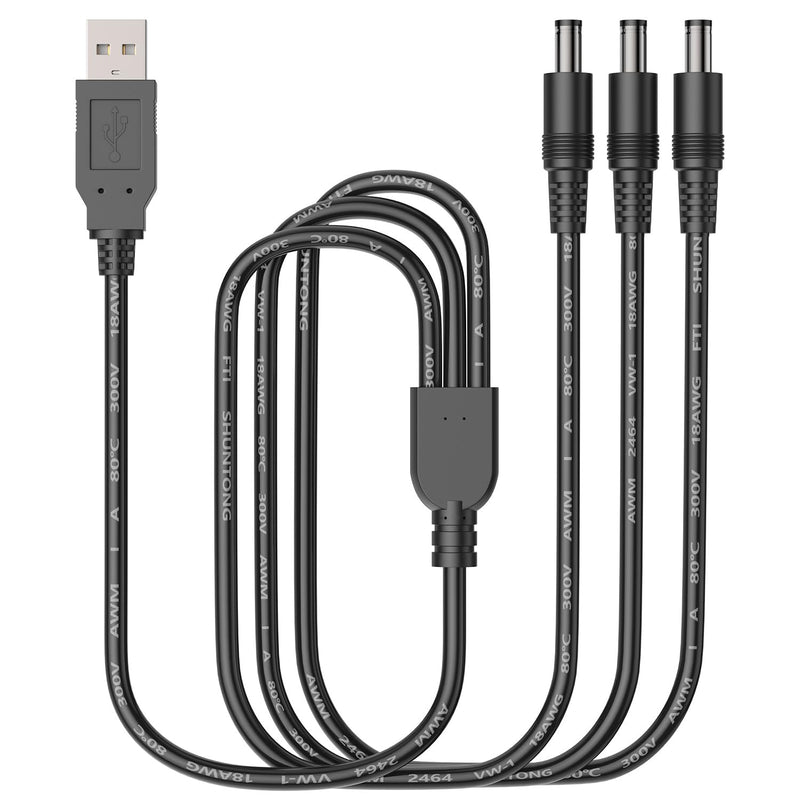 2.3ft 18AWG Parallel USB to Triple DC 5.5x2.1mm Splitter Cable | For powering three DC devices from a single USB port, mini routers, small desk fans, LED strip lights, compatible electronics Black USB to DC 1 to 3