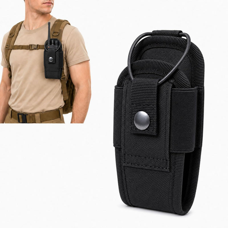 Walkie Talkie Radio Pouch, Black Two Way Radio Holder Case with Snap Button Strap and Elastic Cord, Compact Carry Pouch for Security Patrol, Warehouse, Outdoor Hiking, Event Staff