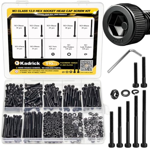 KADRICK 510PCS M3 Long Screws Kit, M3x20/25/30/35/40/45/50mm M3-0.5MM Hex Socket Head Cap Screw Assortment with Nuts & Washers, Class 12.9 Alloy Steel, Black Zinc Plated M3x20-50MM 510PCS