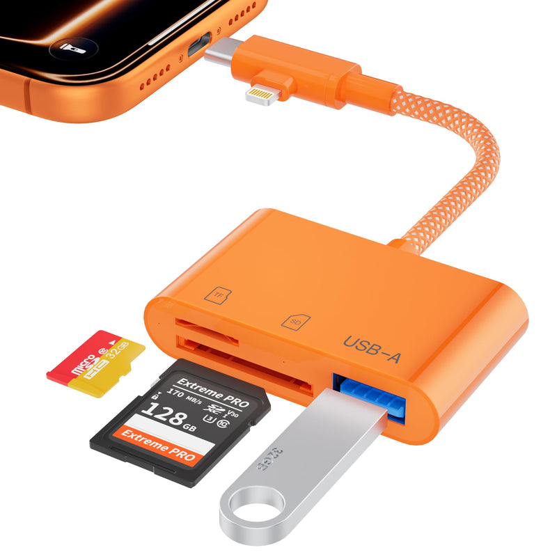 3 in 1 SD Card Reader for iPhone,Memory Card Reader with USB Camera Adapter,Lightning & USB C Dual Connectors,SD/TF Card Simultaneous Read,Plug and Play Trail Game Digital Camera Adapter,Orange