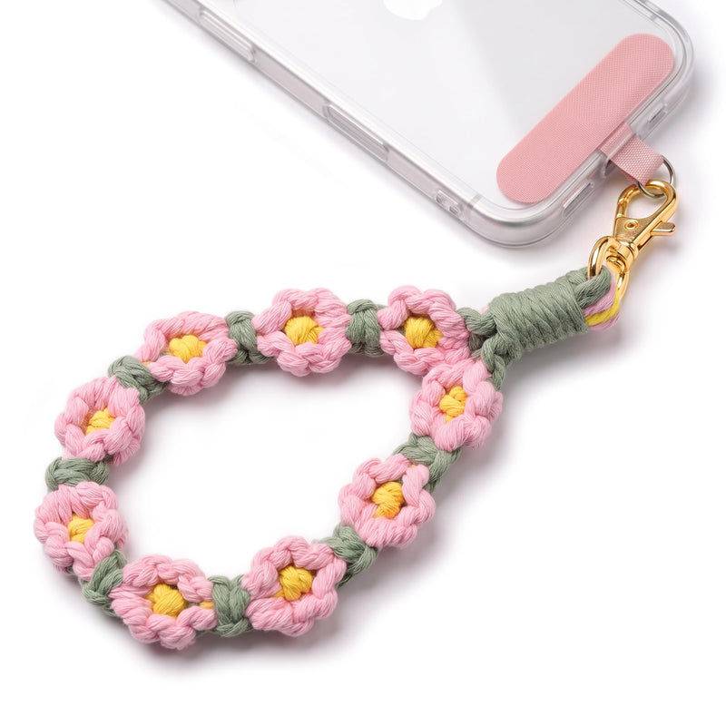 Boho Macrame Phone Wrist Strap, Handmade Phone Lanyard Charm for Women | Handmade Weaving Sturdy, Anti-Loss Chain with Tether Tab, Keeps Phone Secure for Shopping, Travel, Fit Full-Coverage Cases Sakura Pink