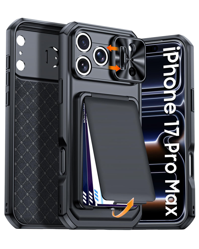 for iPhone 17 Pro Max Case Wallet with RFID Blocking,Built-in Card Holder (4-5 Cards),Slide Camera Cover, Shockproof Rugged Phone Case for iPhone 17 Pro Max (Black) Black