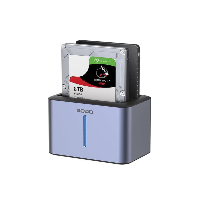 GODO USB 3.0 to SATA I/II/III RGB Dual-Bay Aluminum External Hard Drive Enclosure, Compatible with 2.5-inch SATA HDDs and SSDs, Supports up to 2×8TB Drives