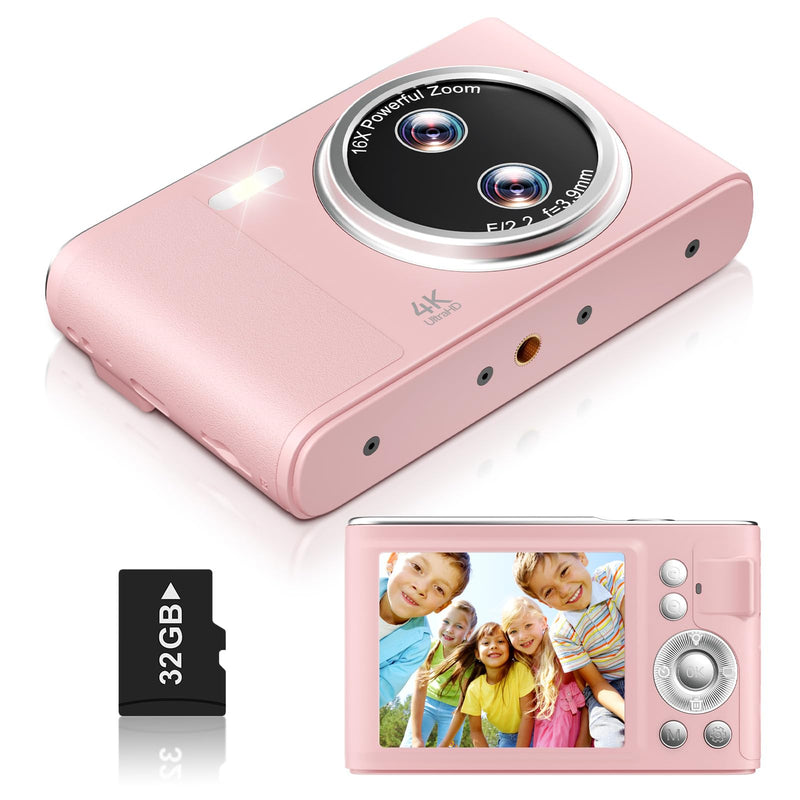Digital Camera, 48MP FHD 1080P Point and Shoot Camera with 16x Zoom, Anti Shake Autofocus Compact Camera with 32GB Card for Kids, Beginners, Teens, Pink
