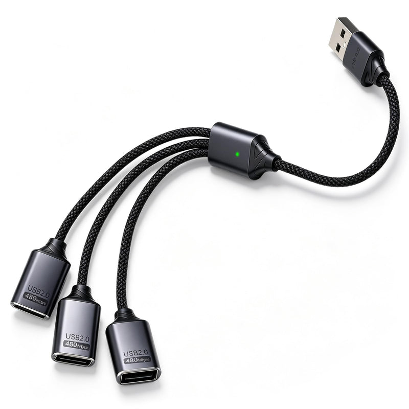 USB 2.0 Adapter USB Y Splitter 1 in 3 Out, 0.8Ft Male to 3 Female Extension Hub Cable for Car/PC/Laptop/Keyboard/Smartphone/Flash Drive Data Transmission (Black)