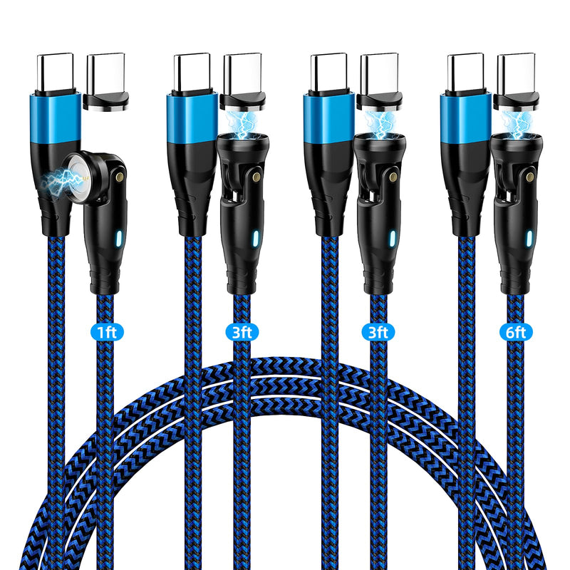 USB C Magnetic Charging Cable, 60W Type C Magnetic Phone Charger Cable | [4 Pack, 1ft+3ft+3ft+6ft] 7 Pin Type C Charger Fast Charging USB C to USB C Cable 360 Rotation for Laptop Smartphone Tablet Blue