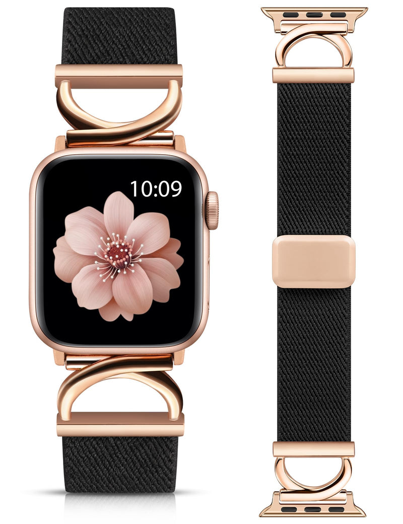 Stretchy Magnetic Band Compatible with Apple Watch Bands 38/40/41/42/44/45/46/49mm Women, Elastic Nylon Dressy Designer C-Shape Metal Strap for iWatch Series 11 10 9 8 7 6 5 4 SE/Ultra 3 2 1 Black/Rose Gold 38/40/41/42mm(Series 11/10)