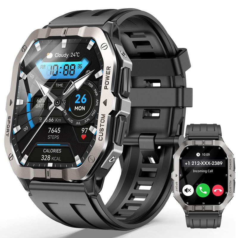 Military Smart Watch Built-in GPS,Bluetooth Calling, for iPhone & Android | 100+ Sport Modes for Men Fitness watch, Smartwatch with Heart Rate & Sleep Tracking, 2ATM Waterproof , Black 2.02"