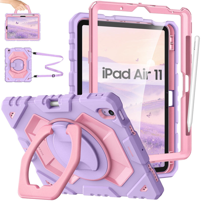 Fintie Kid-Friendly Case for iPad Air 11-inch & iPad Air 5th/4th Gen 10.9" | 360° Rotating Stand, Heavy Duty Shockproof Cover with Built-in Screen Protector, Shoulder Strap for Easy Carry, Purple