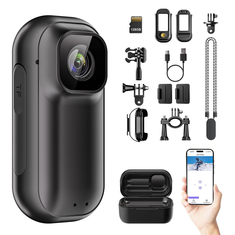 4K 128GB WiFi Thumb Action Camera, Mini Body Cam with 1.5" Screen | Portable Wearable POV Camera with Charging Case, Waterproof Magnetic Sport Cam for Cycling, Pet, Vlogging