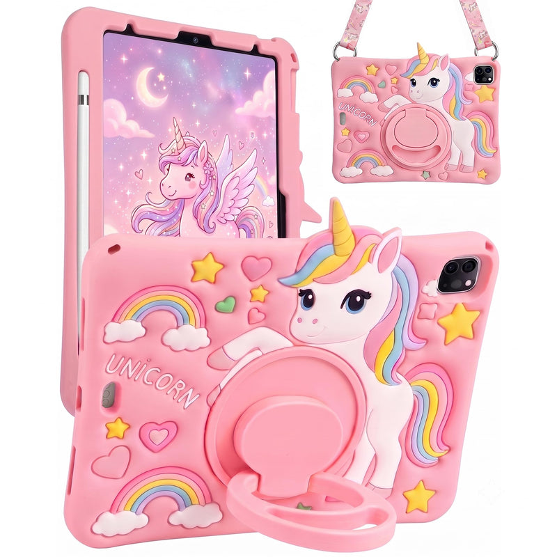 Cute 3D Cartoon Kids Case for iPad Air 11 Inch (M4/M3/M2), Air 5th/4th 10.9" & Pro 11" (1-4th Gen Only) Silicone Cover with Pencil Holder, 360 Stand, Strap, with Unicorn Pattern, Pink For iPad Air 11" M4/M3/M2/5/4 & Pro 11" 4/3/2/1