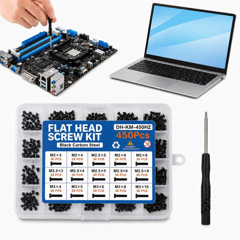 Laptop & PC Screw Kit, 450 Pcs, 15 Sizes, M2/M2.5/M3, Flat Head | Black carbon-steel flat-head Phillips screws with a mini screwdriver and labeled storage case for laptop, SSD and HDD repair