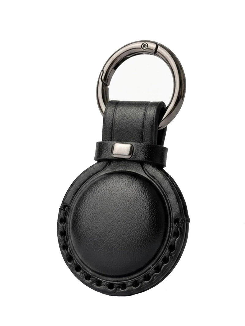 JusBumio Leather Keychain Compatible with Apple AirTag 2nd & 1st Gen | Handcrafted Full Grain Veg-Tanned Leather, Full-Wrap Hidden Holder, No signal/audio loss, Glossy Black Flat Black