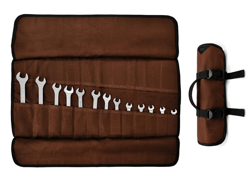 Under NY Sky Tool Roll Organizer, 24 Pockets, Waxed Canvas, Heavy-Duty Wrench Bag, Portable Hand Tool Pouch for Mechanics, Electricians, and Hand Tools - Brown 24 Slots Brown