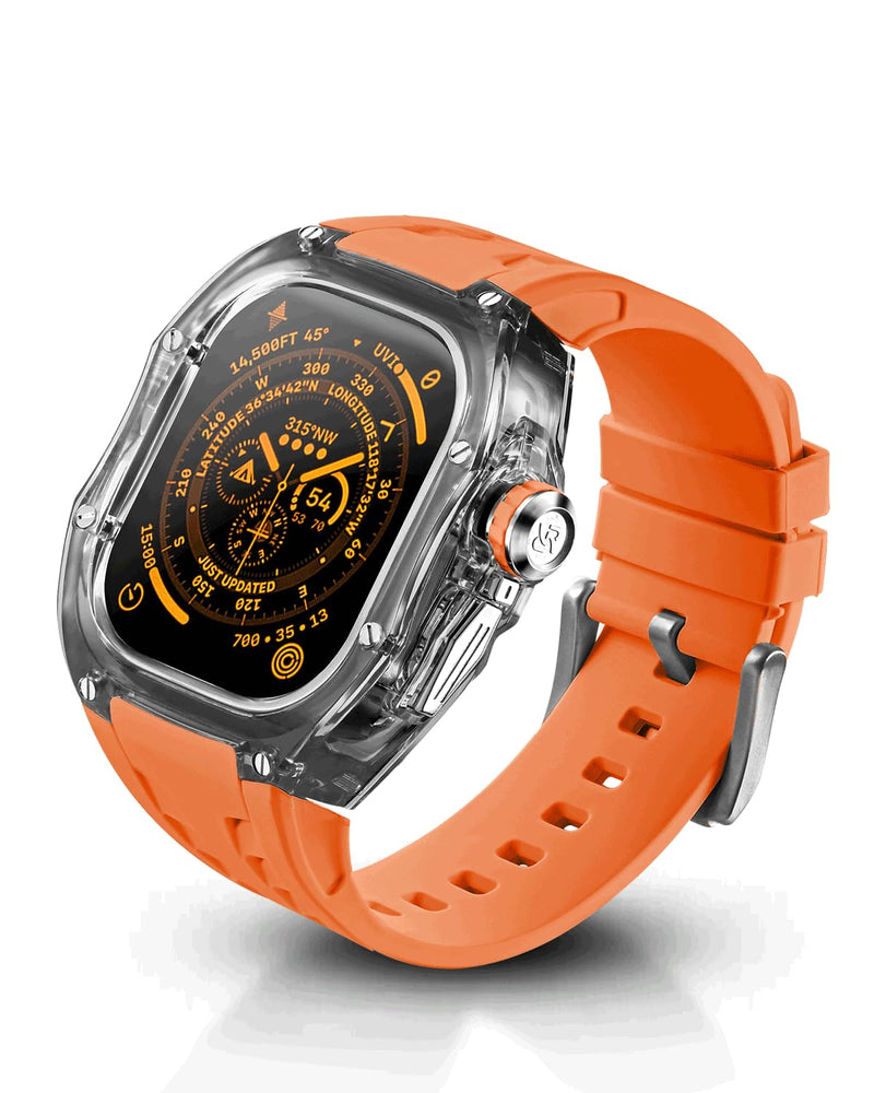 Rugged Case with Band for Apple Watch Series 10/11 46mm, Heavy Duty Case with Black Silicone Sport Strap, Shockproof Translucent Nylon Bumper Cover for iWatch, Clear/Orange