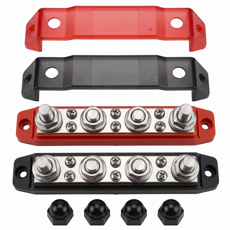 250A Bus Bar Power Distribution Block Pair for Marine RV & Solar Installers to Stop Terminal Short Circuits via 4-Post Heavy-Duty Layout & High-Clearance Protective Covers
