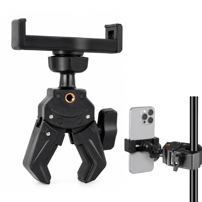 Mic Stand Phone Holder with 360 Rotation | For iPhone Samsung All Phones, Adjustable Clamp Fits 0.47-1.1 Inch Poles, 3 Ball Joints, 180° Tilt for Music Performance