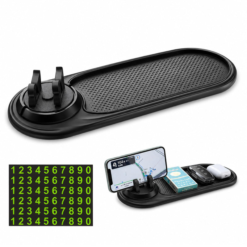 Anti Slip Pad 3 in 1 with Phone Holder | For Car Dashboard Phone Sunglasses Keys, PVC Non Slip Mat with 360 Rotation and Hidden License Plate Holder