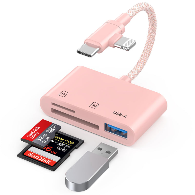 Pink 3 in 1 SD Card Adapter for iPhone, USB-C & Lightning, SD/TF/USB-A | Plug & Play, No App Needed; USB 3.0 High-Speed Reader With Braided Cable For SD/TF/USB-A Fast Photo Transfer Pink