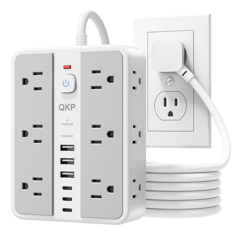 6 FT/ 2400J Surge Protector Power Strip, 12 Outlets, 6 USB (3 USB C) | 3 USB-A & 3 USB-C Ports, 1.7" Wide-Spaced Outlets，2400J Surge Protection, 1875W/15A Flat Plug Extension Cord for Home, Office White / Gray 6 FT