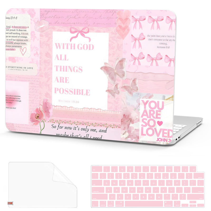 G JGOO Compatible with MacBook Neo Case 13 inch 2026 Release A3404 | Protective Plastic Laptop Hard Shell for Mac Neo Case with Keyboard Cover & Screen Protector, Pink Bow Butterfly Collage Pink Letter