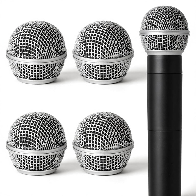 Microphone Head Replacement, Silver, 4 Pack with Black Inner Covers | Microphone Mesh Grill, Compatible with SM58, For Studio and Live Performances
