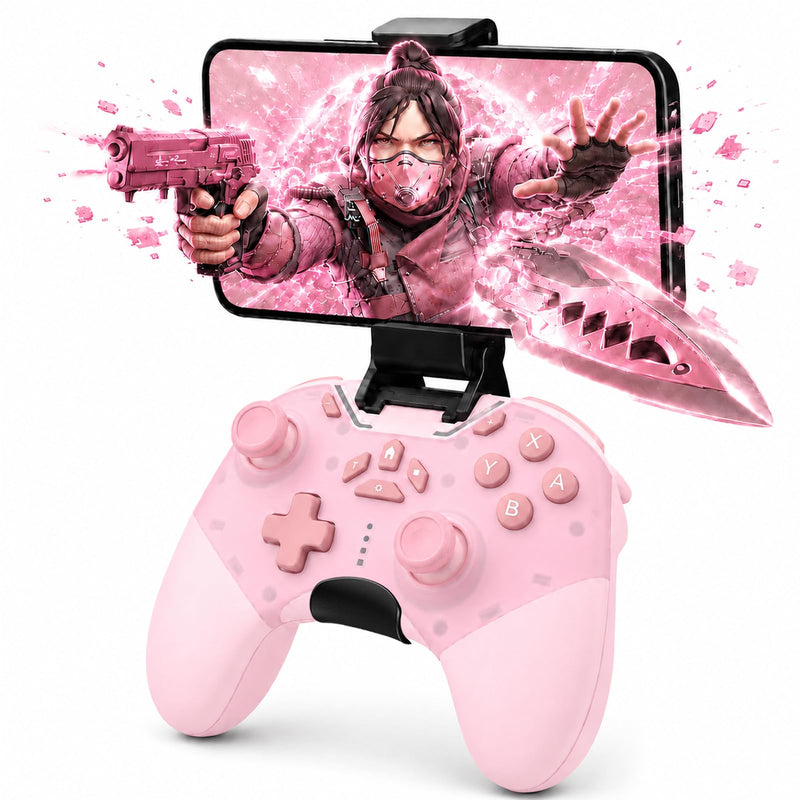 aghi Hall Effect Wireless Gaming Controller with Phone Clip | for iPhone/Android/PC/Steam/TV/Switch/Switch 2 with Hall Joysticks, Lock Speed, Macro, 6-Axis Gyro, Vibration, Turbo, Pink Light Pink