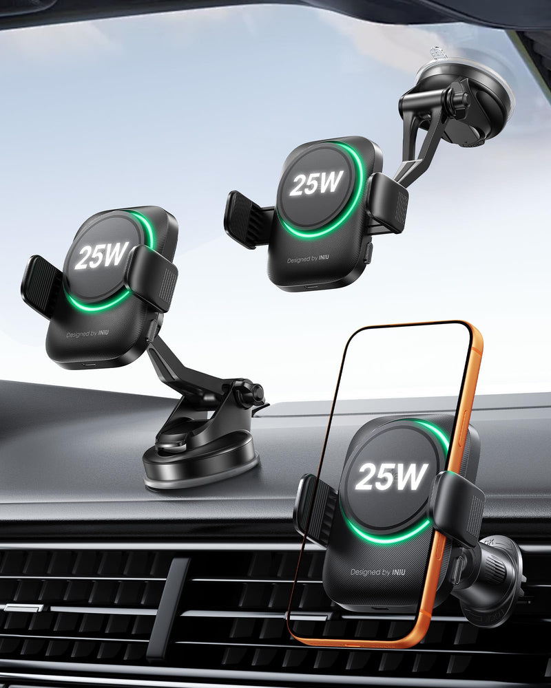 INIU MagSafe Car Mount Charger, Original Qi2.2 Certified 25W Fast Charging | 3-in-1 Magnetic Wireless Charger, Cooling Fan to Extend Battery Life, Extra Clamp for Bumpy Road, for iPhone 17-12 Series