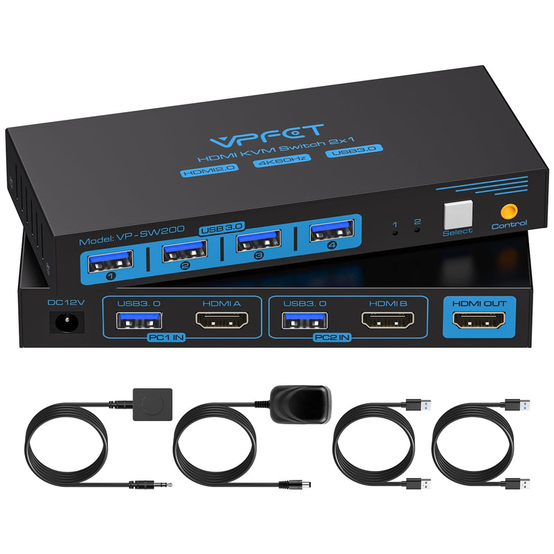 USB 3.0 HDMI KVM Switch 1 Monitors 2 Computers 4K60Hz KVM Switches 2 Ports for 2 PC Share Single Monitor and Keyboard Mouse Printer with Desktop Controller and 2 USB Cables Deep Blue 2 PC 1 Monitors