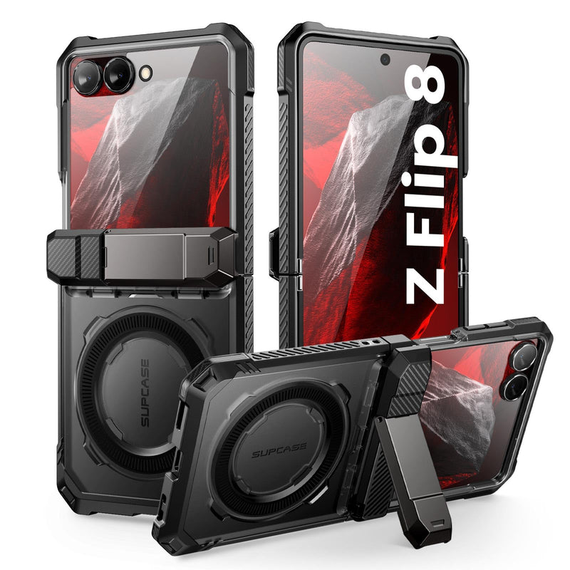 SUPCASE for Samsung Galaxy Z Flip 8 Case with Built-in Kickstand, Black | Front Screen Protector, Translucent PC Backplate, Hinge Protection, Support MagSafe, Strong Magnetic, Unicorn Beetle Grip
