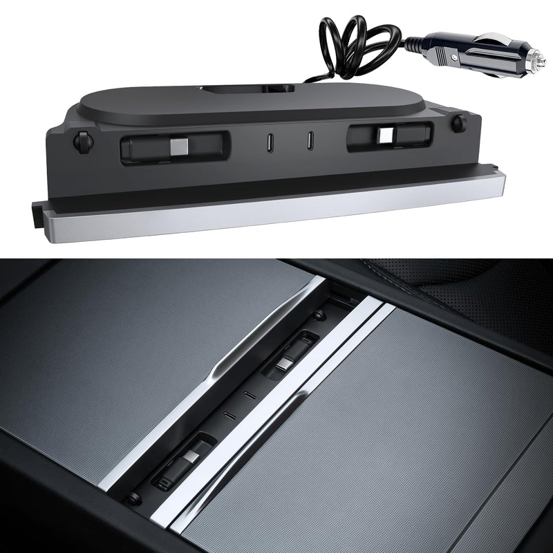 Car USB Hub for Tesla Center Console with Fast Charging Retractable Cables - for Model Y Juniper 2025-2026 & Model 3 Highland 2024-2026 Phone Charger Docking Station Accessories