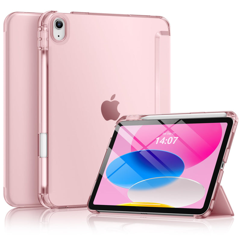 for iPad A16 11th 10th Generation Case with Pencil Holder 11 inch | for iPad 10th Gen Case 10.9 inch 2022/ 2025 with Full Protective Trifold Stand Cover, Hard Translucent Back,Pink Pink