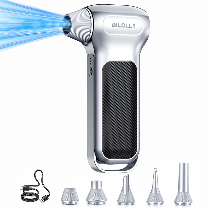 BiLOLLY Compressed Air Duster, 130000RPM Electric Air Duster, Cordless Rechargeable Air Blower, Turbo Fan Mini Blower, Violent Fan with 5 Nozzles for Keyboard, Computer, Laptop, Car & Home