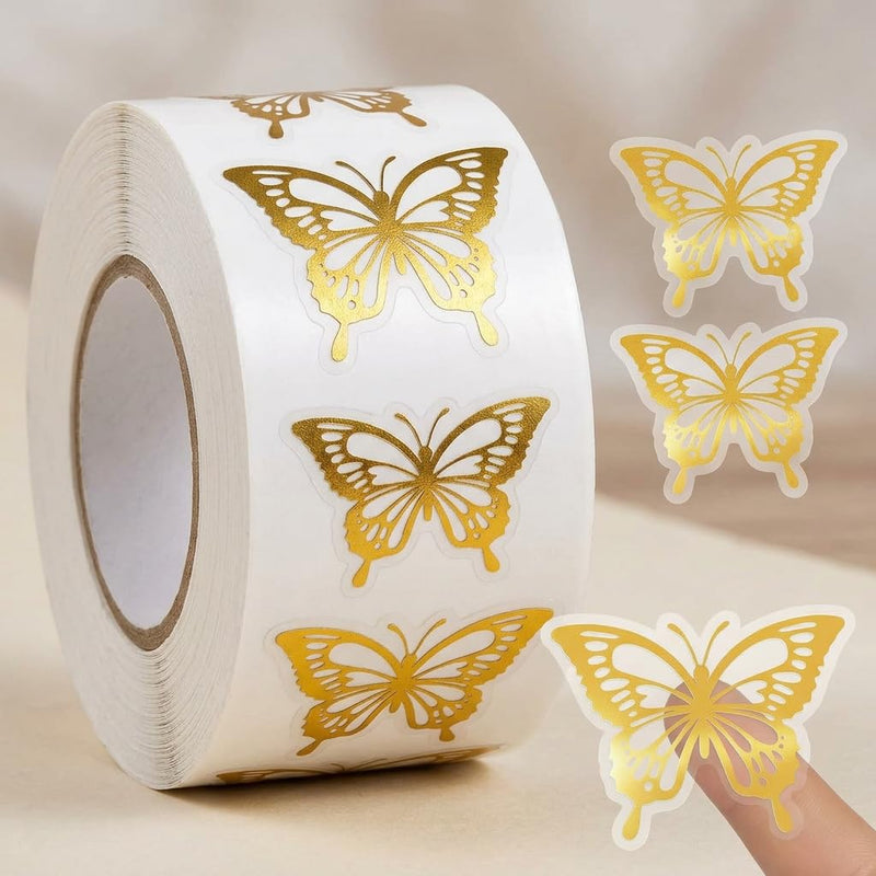 500Pcs Gold Foil Butterfly Stickers, Packaging & Envelope Seals | 500Pcs gold foil butterfly stickers; waterproof self-adhesive accents for packaging, envelopes, crafts, gifts, or parties. 500pcs- Gold Foil Butterfly Pattern