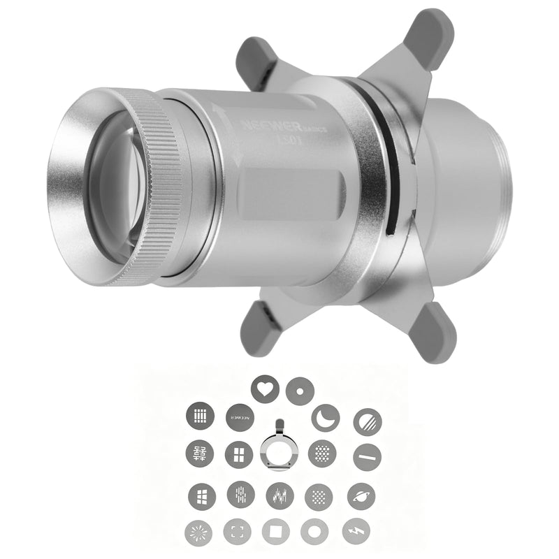 NEEWER Basics Spotlight Conical Optical Snoot Only for FL10/FL20/FL10P Photography Flashlight, 4X Brighter Projector Attachment with Adjustable Focus, 30° Beam Angle, 20 Metal Gobos, LS01