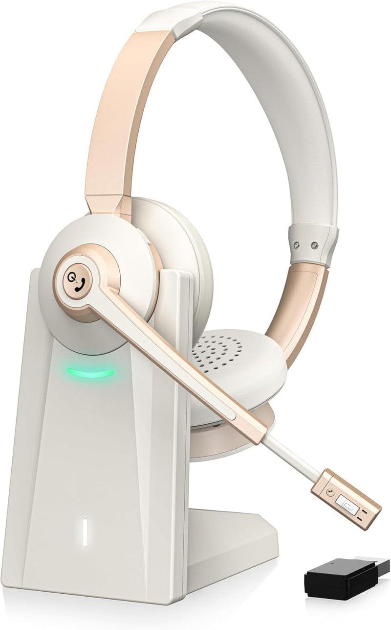 Wireless Headset, Bluetooth Headphones with Microphone AI Noise Canceling/Charge Dock, Wireless Headset with Mic Mute & USB Dongle for Computer Phone Remote Work Office Call Meeting Teams White Gold